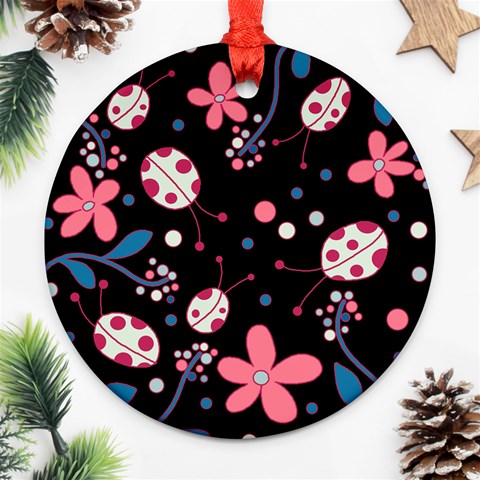 Pink ladybugs and flowers  Round Ornament (Two Sides)  from ArtsNow.com Front
