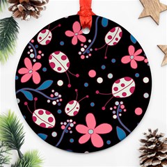 Pink ladybugs and flowers  Round Ornament (Two Sides)  from ArtsNow.com Back