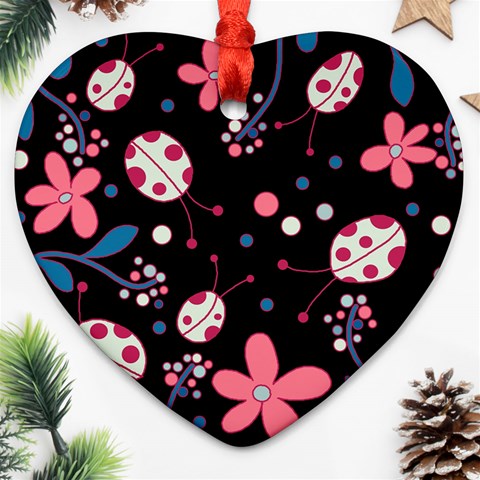 Pink ladybugs and flowers  Heart Ornament (2 Sides) from ArtsNow.com Front