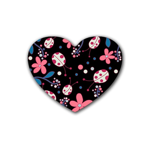 Pink ladybugs and flowers  Rubber Coaster (Heart)  from ArtsNow.com Front