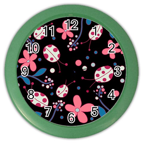 Pink ladybugs and flowers  Color Wall Clocks from ArtsNow.com Front