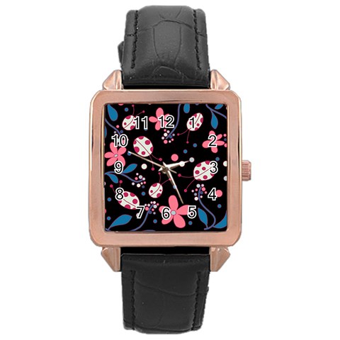 Pink ladybugs and flowers  Rose Gold Leather Watch  from ArtsNow.com Front