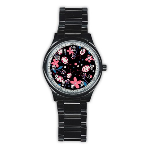 Pink ladybugs and flowers  Stainless Steel Round Watch from ArtsNow.com Front