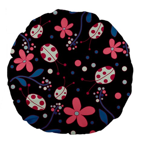 Pink ladybugs and flowers  Large 18  Premium Flano Round Cushions from ArtsNow.com Front