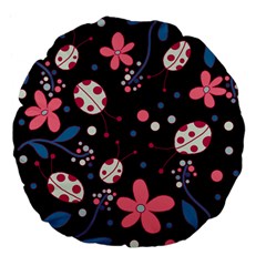 Pink ladybugs and flowers  Large 18  Premium Flano Round Cushions from ArtsNow.com Back