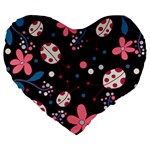 Pink ladybugs and flowers  Large 19  Premium Flano Heart Shape Cushions