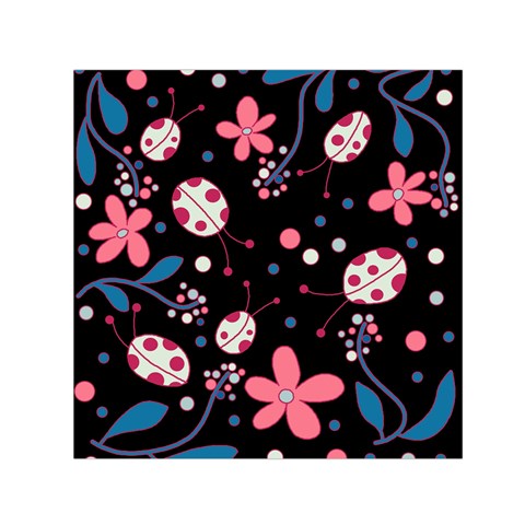 Pink ladybugs and flowers  Small Satin Scarf (Square) from ArtsNow.com Front