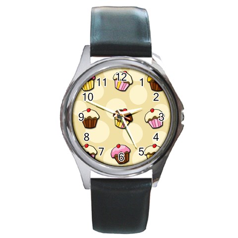 Colorful cupcakes pattern Round Metal Watch from ArtsNow.com Front