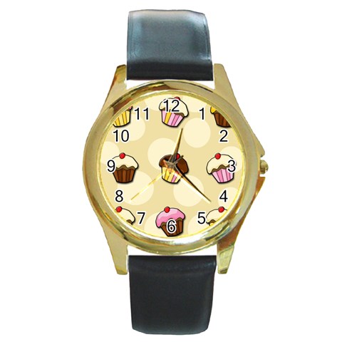 Colorful cupcakes pattern Round Gold Metal Watch from ArtsNow.com Front