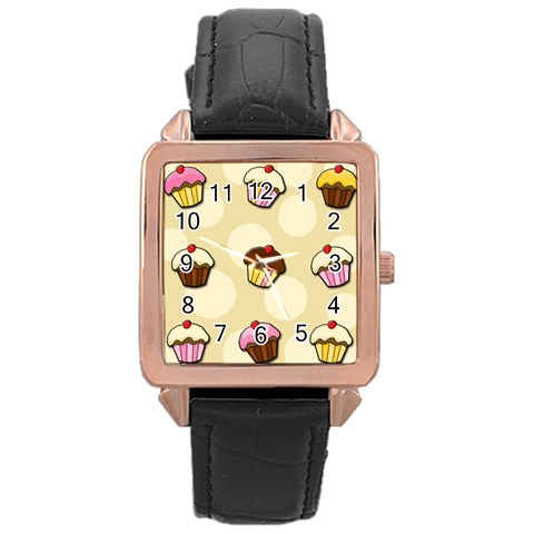 Colorful cupcakes pattern Rose Gold Leather Watch  from ArtsNow.com Front