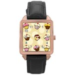 Colorful cupcakes pattern Rose Gold Leather Watch 
