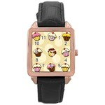 Colorful cupcakes pattern Rose Gold Leather Watch 