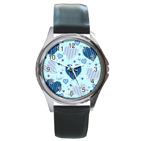 Light and Dark Blue Hearts Round Metal Watch from ArtsNow.com Front