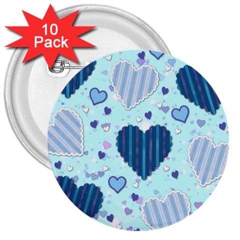 Light and Dark Blue Hearts 3  Buttons (10 pack)  from ArtsNow.com Front