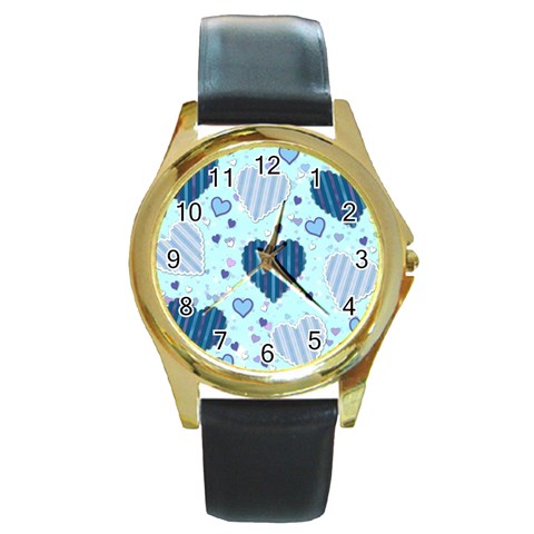 Light and Dark Blue Hearts Round Gold Metal Watch from ArtsNow.com Front