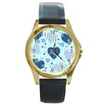 Light and Dark Blue Hearts Round Gold Metal Watch