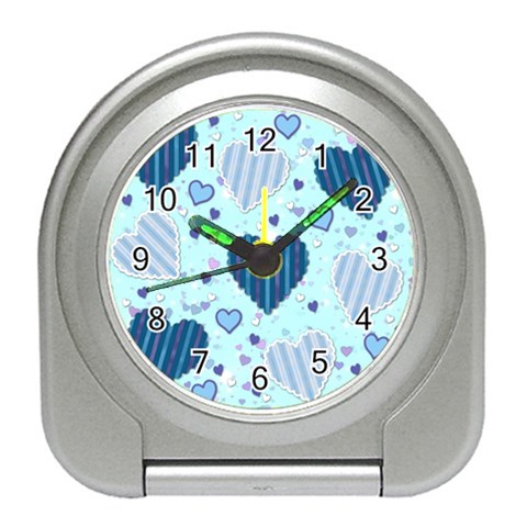 Light and Dark Blue Hearts Travel Alarm Clocks from ArtsNow.com Front