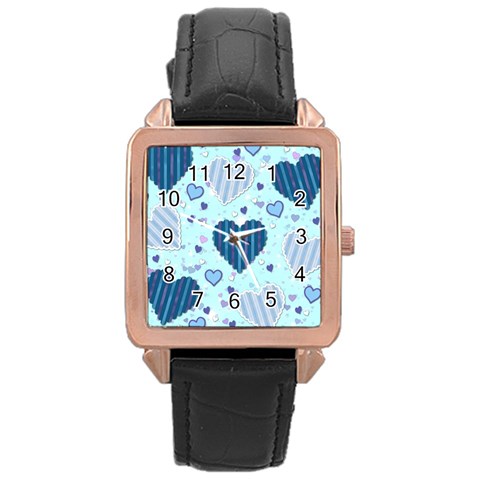 Light and Dark Blue Hearts Rose Gold Leather Watch  from ArtsNow.com Front