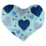 Light and Dark Blue Hearts Large 19  Premium Flano Heart Shape Cushions