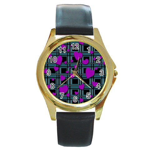 Purple love Round Gold Metal Watch from ArtsNow.com Front