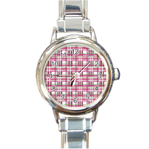 Pink plaid pattern Round Italian Charm Watch from ArtsNow.com Front