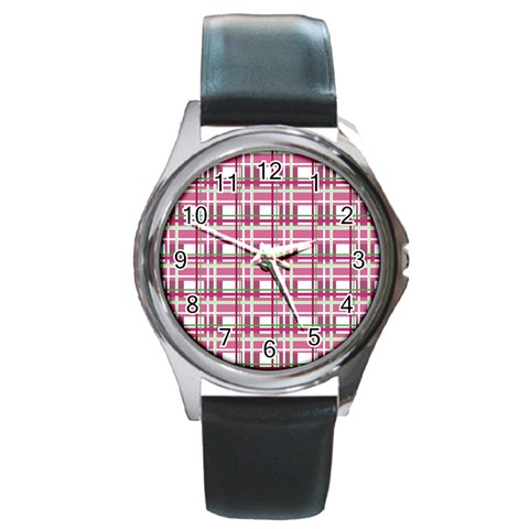 Pink plaid pattern Round Metal Watch from ArtsNow.com Front
