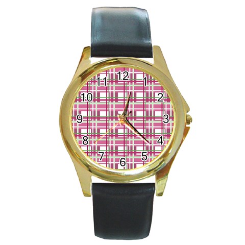 Pink plaid pattern Round Gold Metal Watch from ArtsNow.com Front