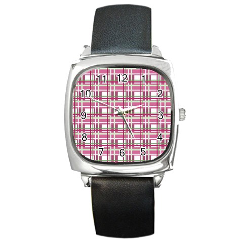 Pink plaid pattern Square Metal Watch from ArtsNow.com Front