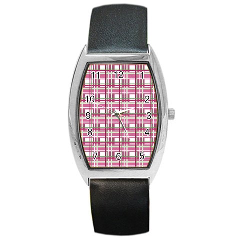 Pink plaid pattern Barrel Style Metal Watch from ArtsNow.com Front