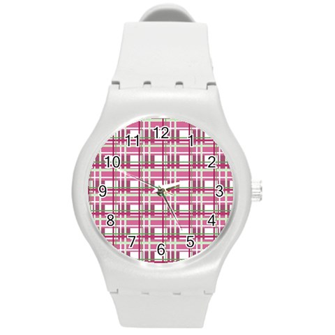 Pink plaid pattern Round Plastic Sport Watch (M) from ArtsNow.com Front