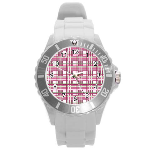 Pink plaid pattern Round Plastic Sport Watch (L) from ArtsNow.com Front