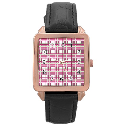 Pink plaid pattern Rose Gold Leather Watch  from ArtsNow.com Front