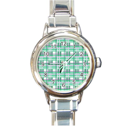 Green plaid pattern Round Italian Charm Watch from ArtsNow.com Front