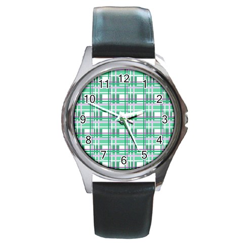 Green plaid pattern Round Metal Watch from ArtsNow.com Front