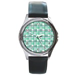 Green plaid pattern Round Metal Watch