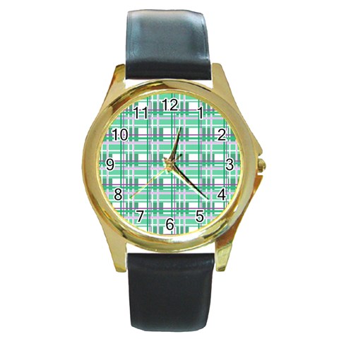 Green plaid pattern Round Gold Metal Watch from ArtsNow.com Front