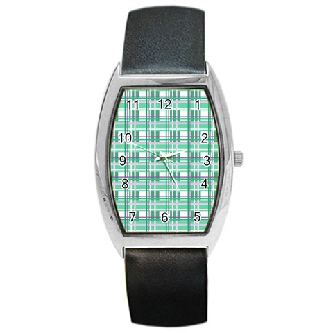 Green plaid pattern Barrel Style Metal Watch from ArtsNow.com Front