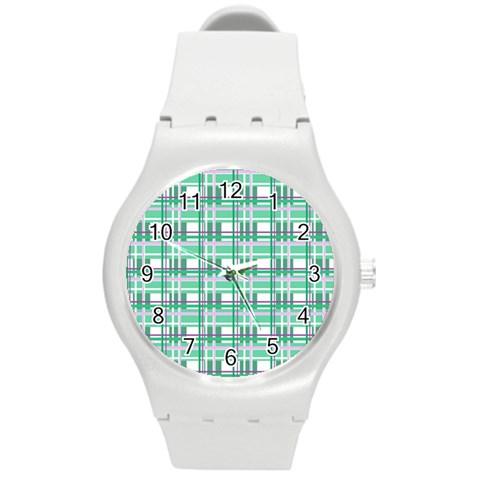 Green plaid pattern Round Plastic Sport Watch (M) from ArtsNow.com Front
