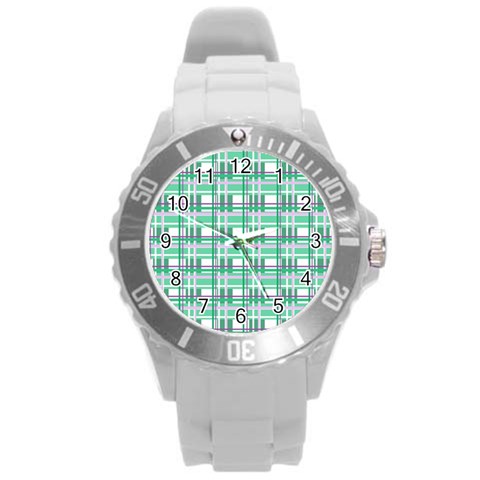 Green plaid pattern Round Plastic Sport Watch (L) from ArtsNow.com Front
