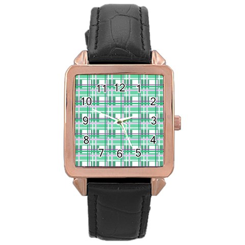 Green plaid pattern Rose Gold Leather Watch  from ArtsNow.com Front