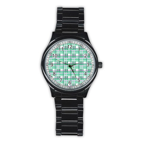 Green plaid pattern Stainless Steel Round Watch from ArtsNow.com Front