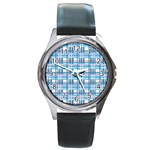 Blue plaid pattern Round Metal Watch