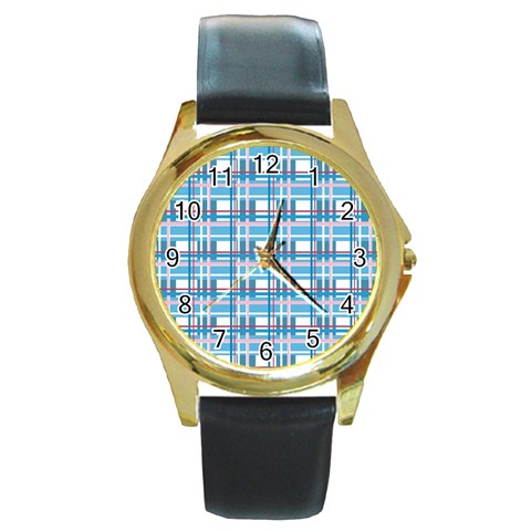 Blue plaid pattern Round Gold Metal Watch from ArtsNow.com Front