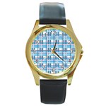 Blue plaid pattern Round Gold Metal Watch