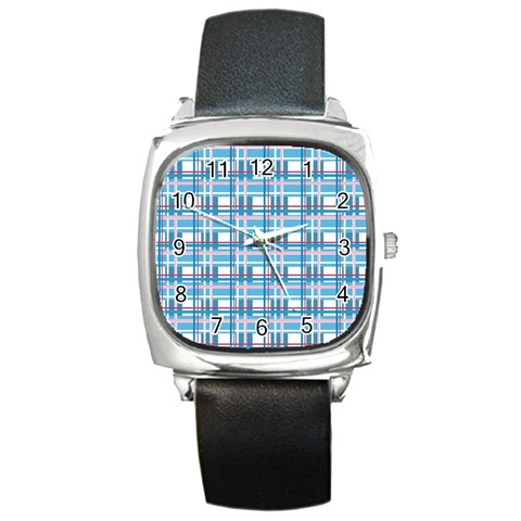 Blue plaid pattern Square Metal Watch from ArtsNow.com Front