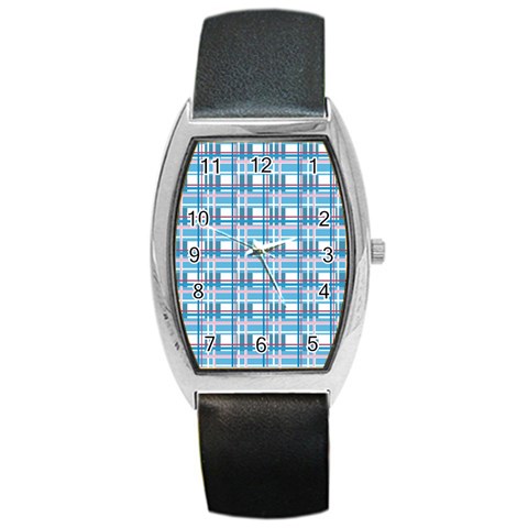 Blue plaid pattern Barrel Style Metal Watch from ArtsNow.com Front