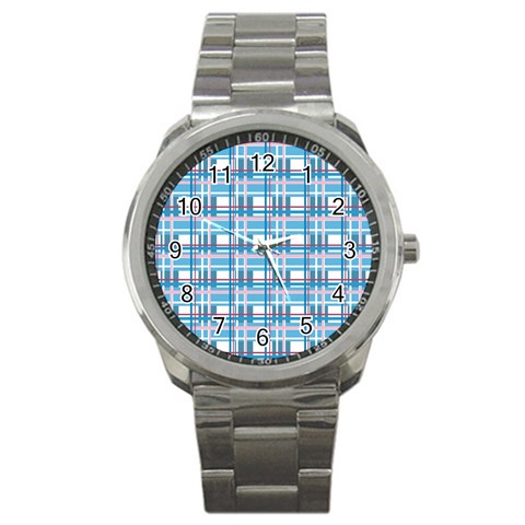 Blue plaid pattern Sport Metal Watch from ArtsNow.com Front
