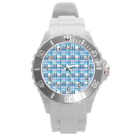 Blue plaid pattern Round Plastic Sport Watch (L) from ArtsNow.com Front