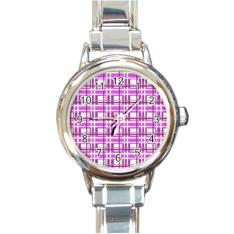 Purple plaid pattern Round Italian Charm Watch from ArtsNow.com Front
