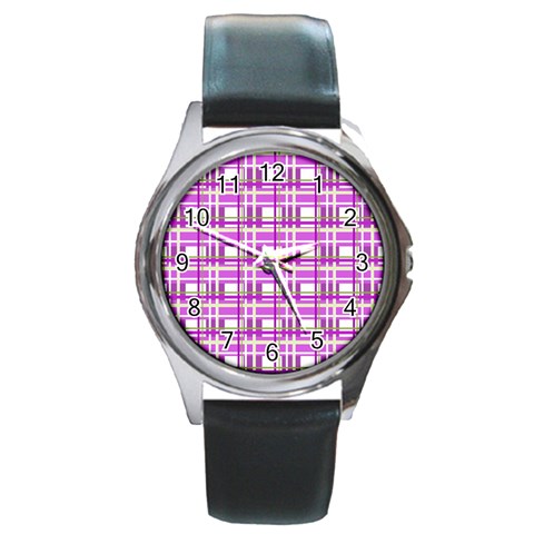 Purple plaid pattern Round Metal Watch from ArtsNow.com Front